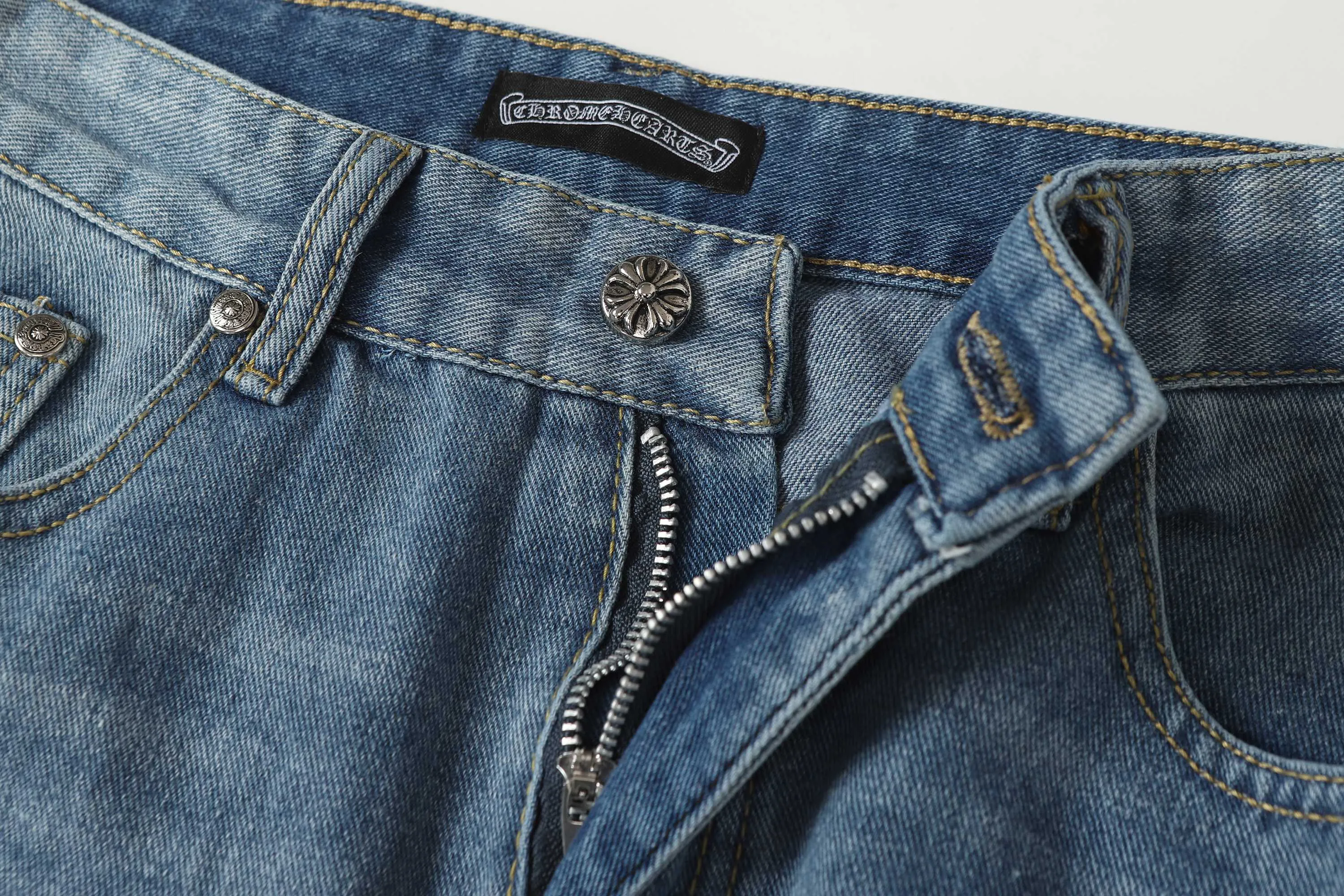 P270 Chrome Hearts/Chrome Hearts 25ss classic colored leather cross washed color cloth denim trousers for men and women Color: Picture color Code number: 28-36